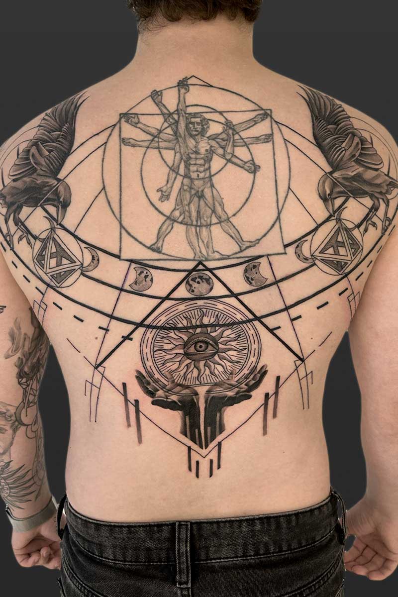 Legacy Tattoo| Black and grey, abstract tattoo of crows, moon phases, sun, hands, shapes, Da Vinci spiral