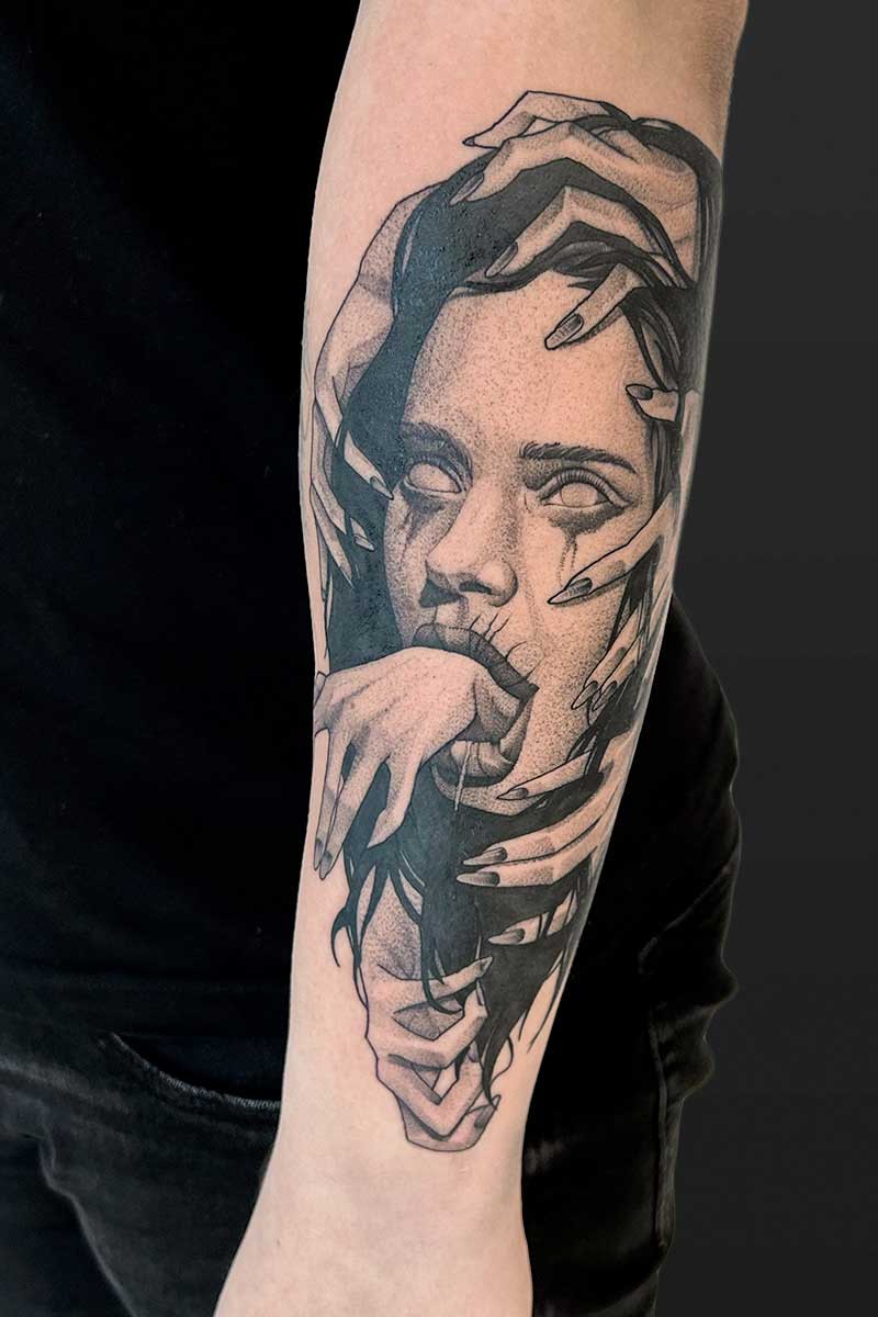 Legacy Tattoo| Black and grey tattoo of a woman with hands all over her face and coming our of her mouth