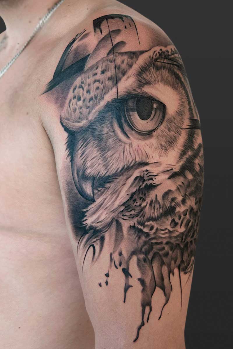 Legacy Tattoo| Black and grey, realism tattoo of an owl with abstract elements