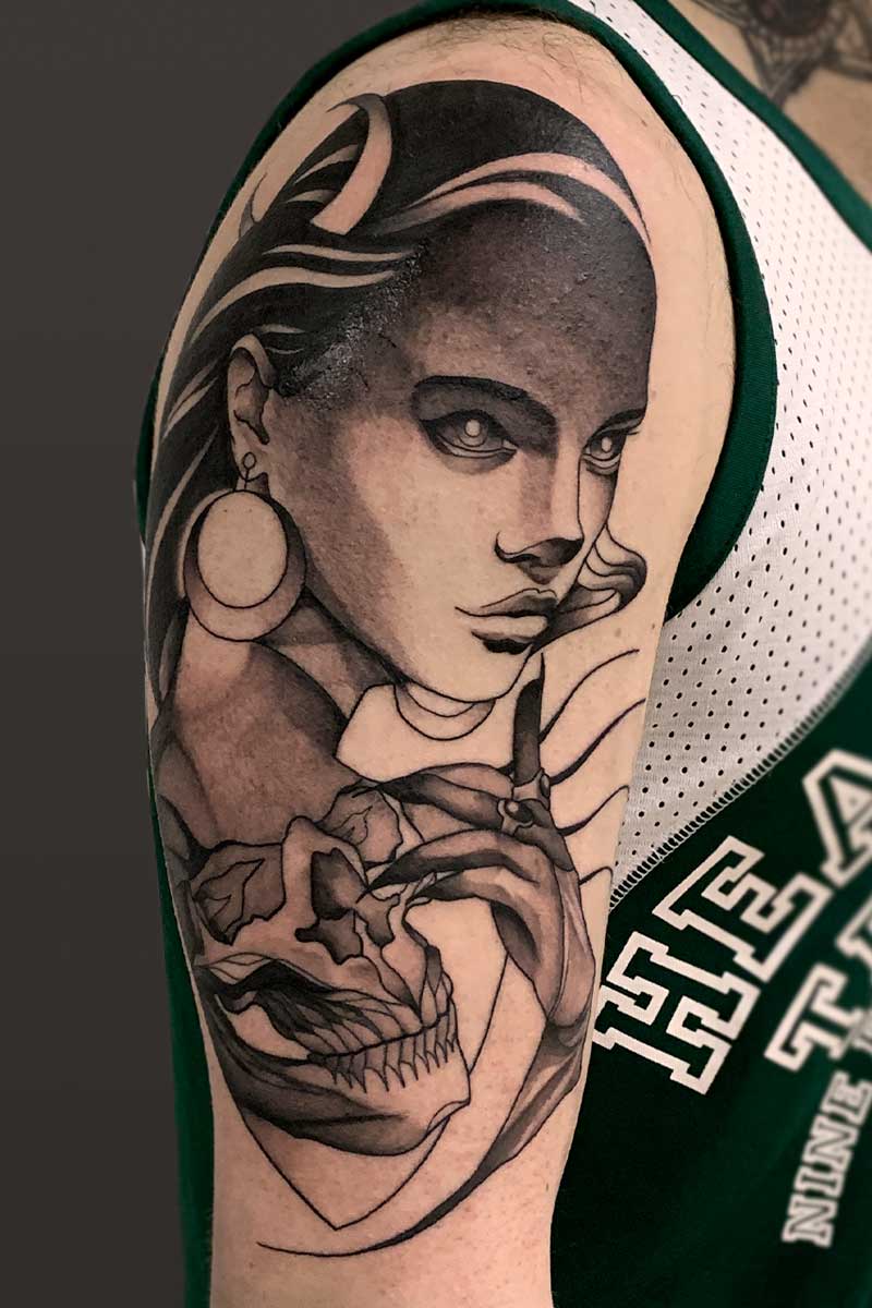 Legacy Tattoo| Neotraditional tattoo of a woman with a skull