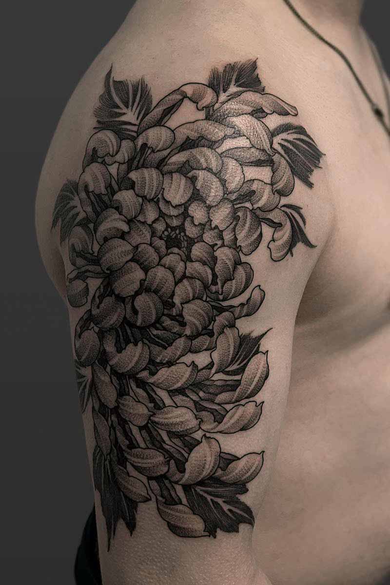 Legacy Tattoo| Black and grey, neotraditional style tattoo of a Japanese chrysanthemum