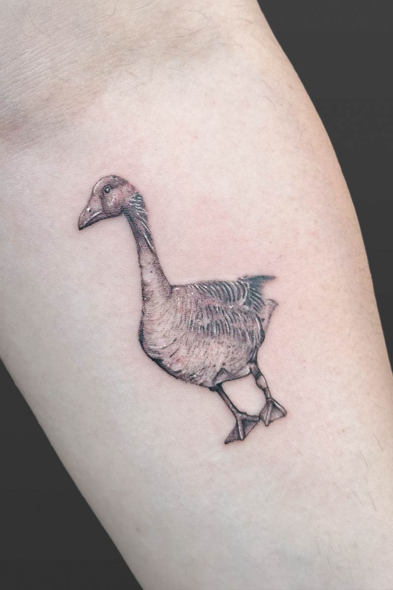 Legacy Tattoo| Black and grey, realism tattoo of a goose