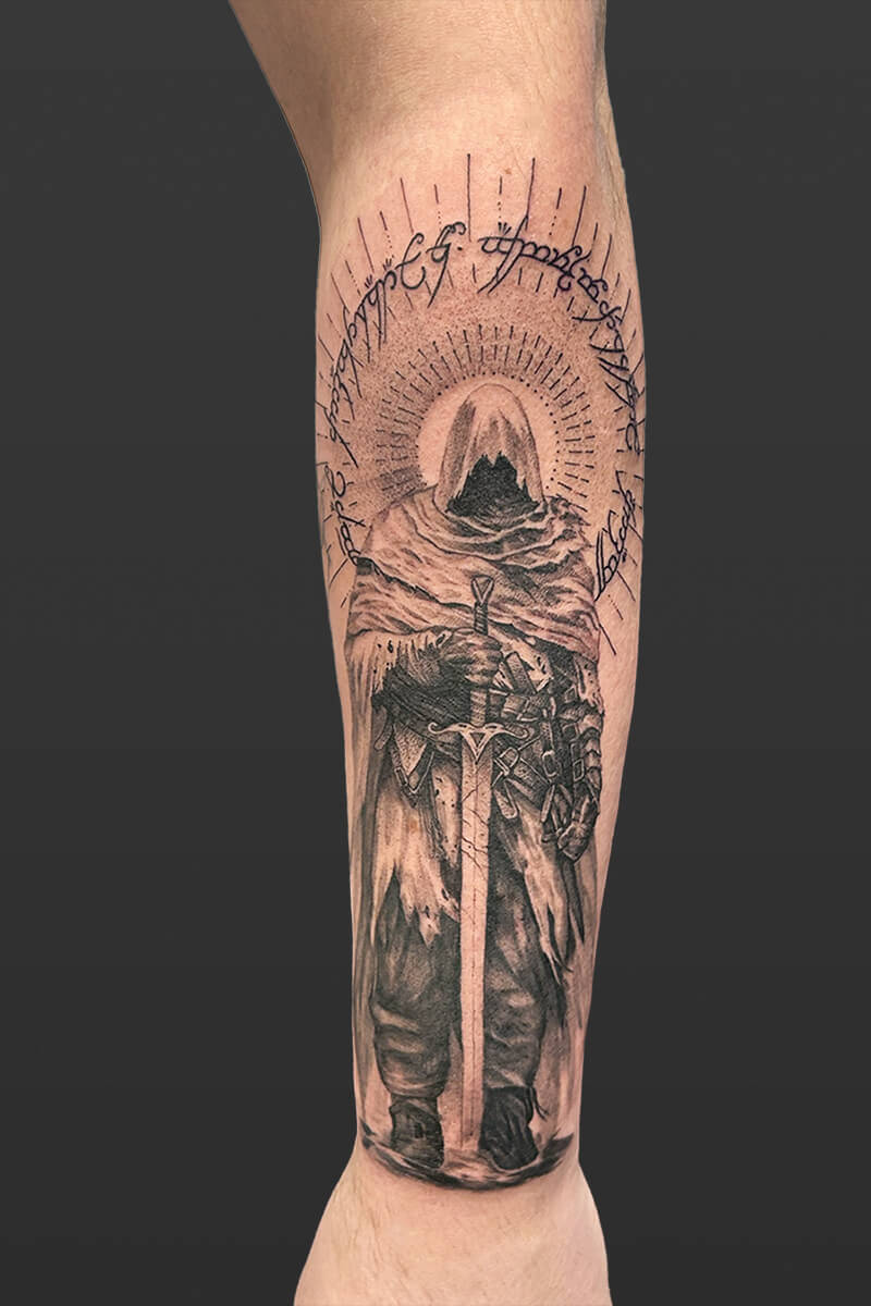Legacy Tattoo| Black and grey, realism tattoo of a ranger from "Lord of the Rings"