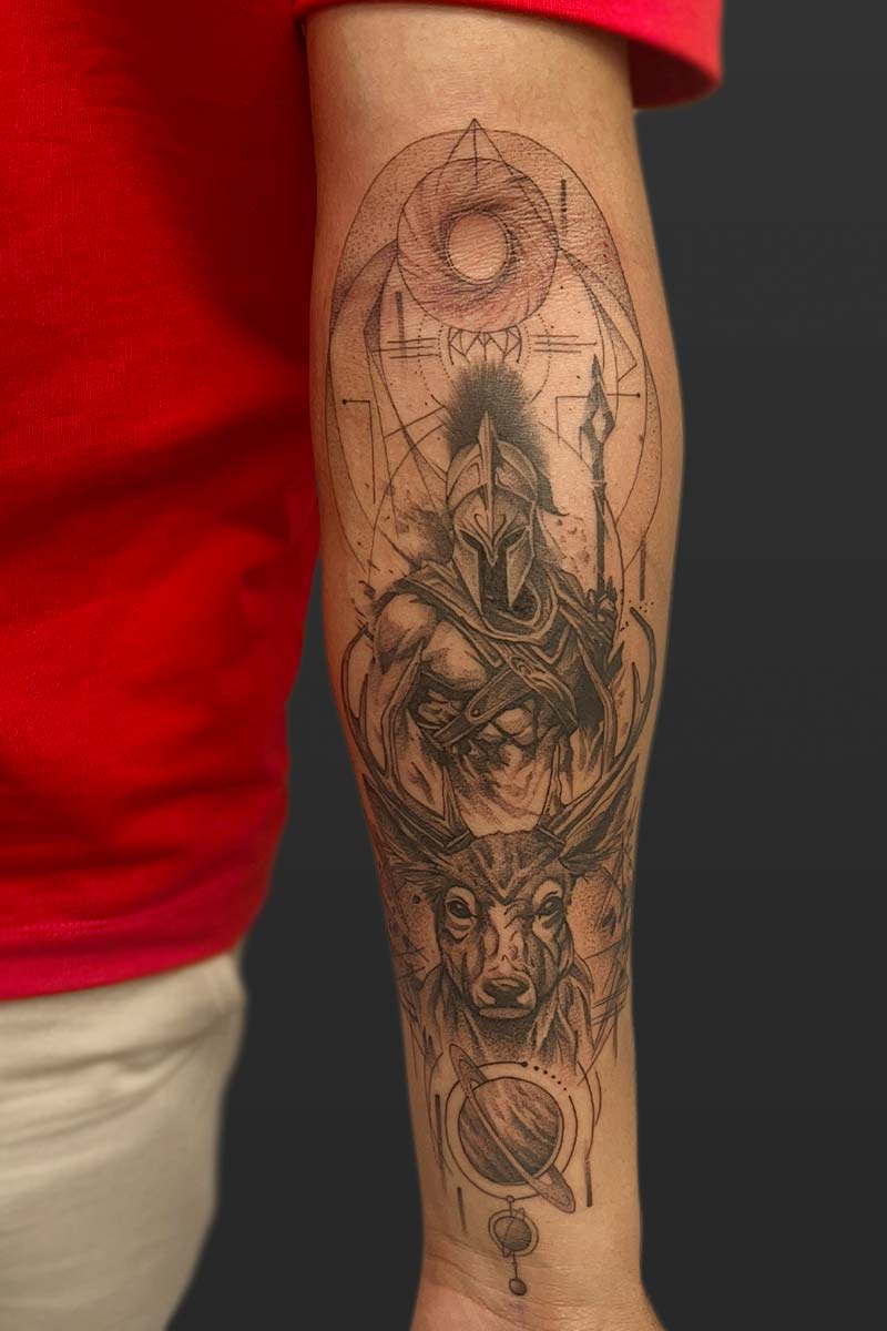 Legacy Tattoo| Black and grey, realism tattoo of a Spartan soldier, deer and geometric shapes