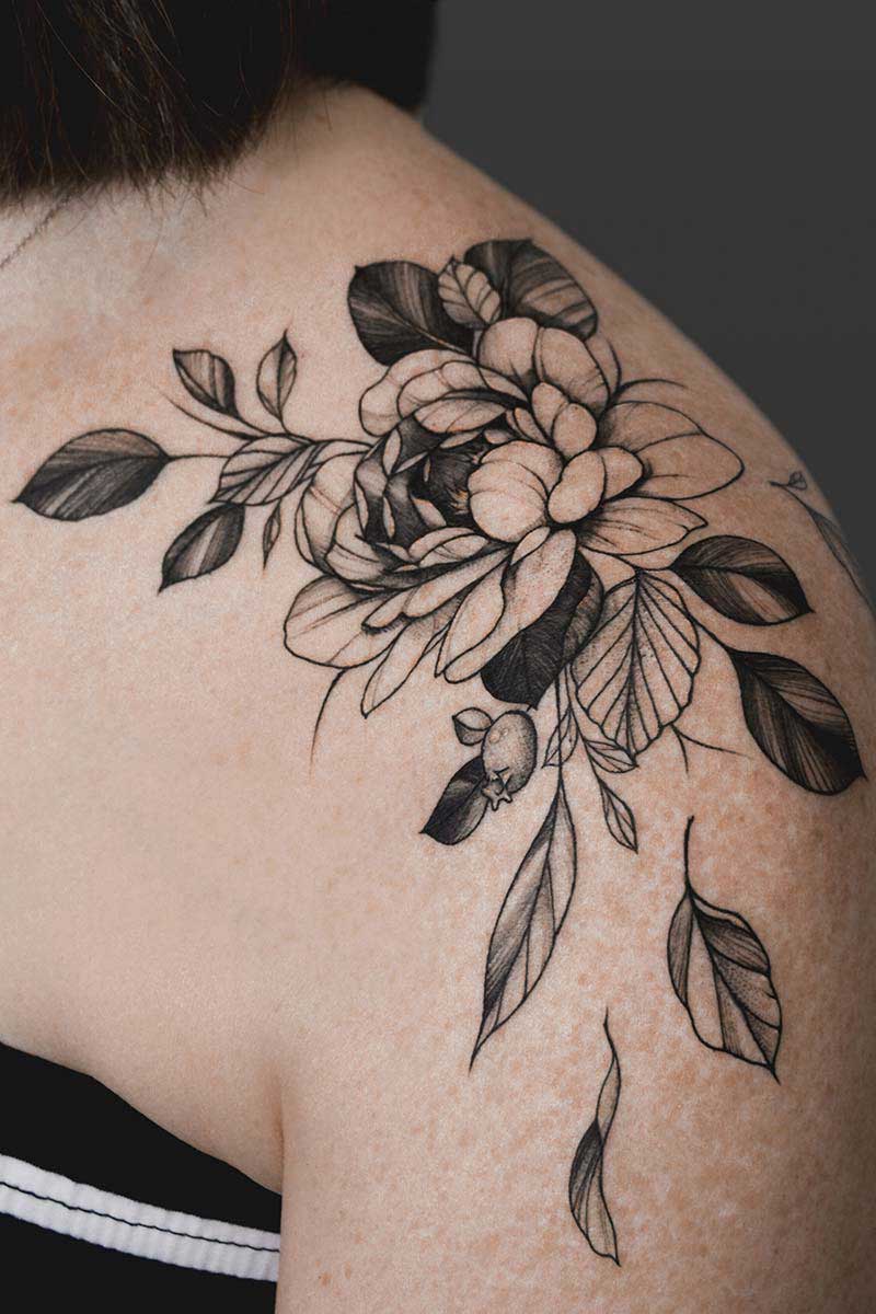 Legacy Tattoo| Fineline tattoo of a peony and a peony bud