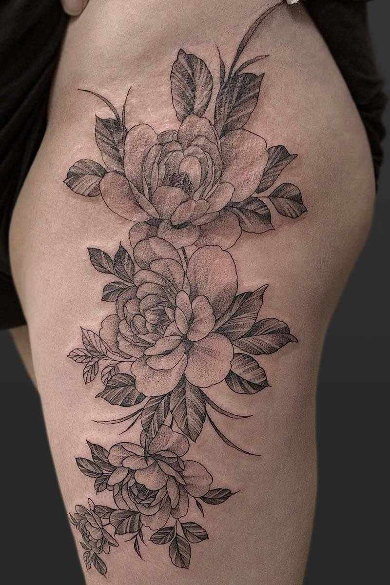 Legacy Tattoo| Fineline tattoo of several peonies