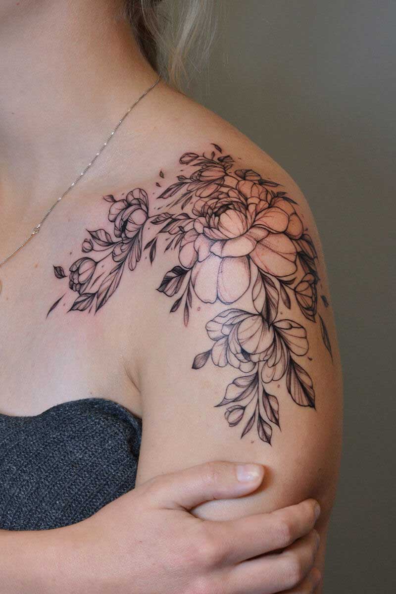 Legacy Tattoo| Fineline tattoo of several peonies