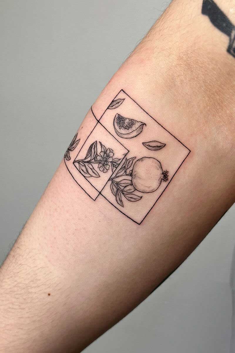 Legacy Tattoo| Fineline, microrealism tattoo of pomegranates in square frames