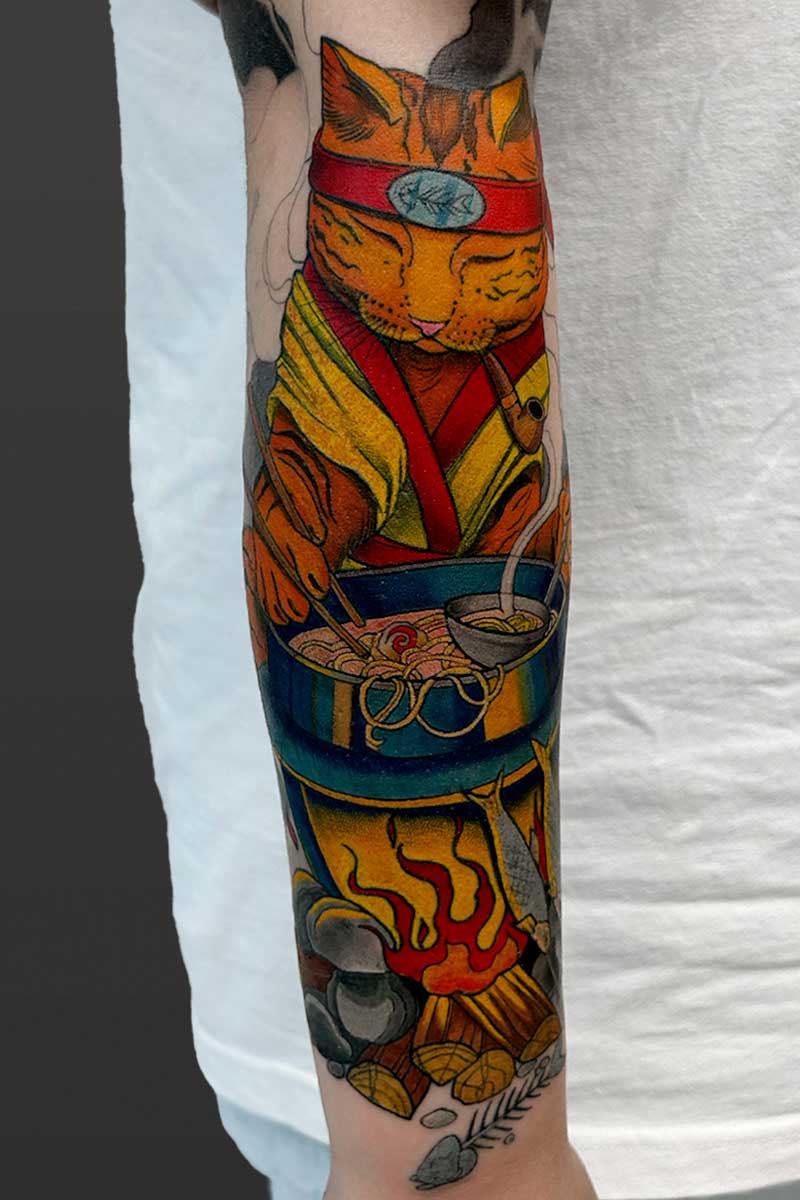 Legacy Tattoo| Neotraditional tattoo of an orange cat making a pot of ramen over a fire