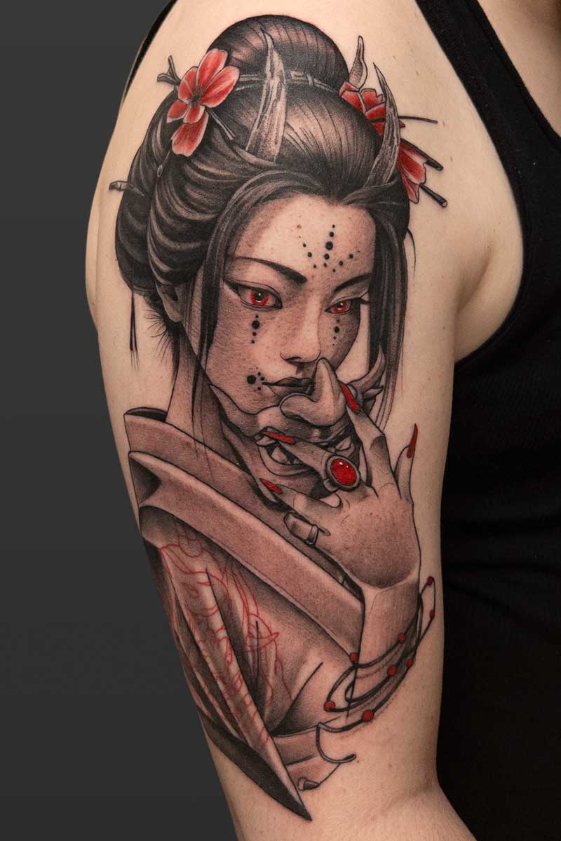 Legacy Tattoo| Neotraditional tattoo of a woman with horns, holding half an oni mask