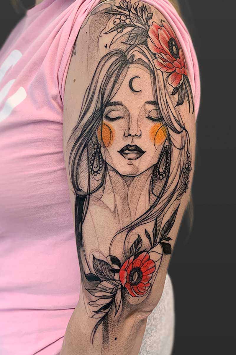 Legacy Tattoo| Neotraditional tattoo of a woman with flowers