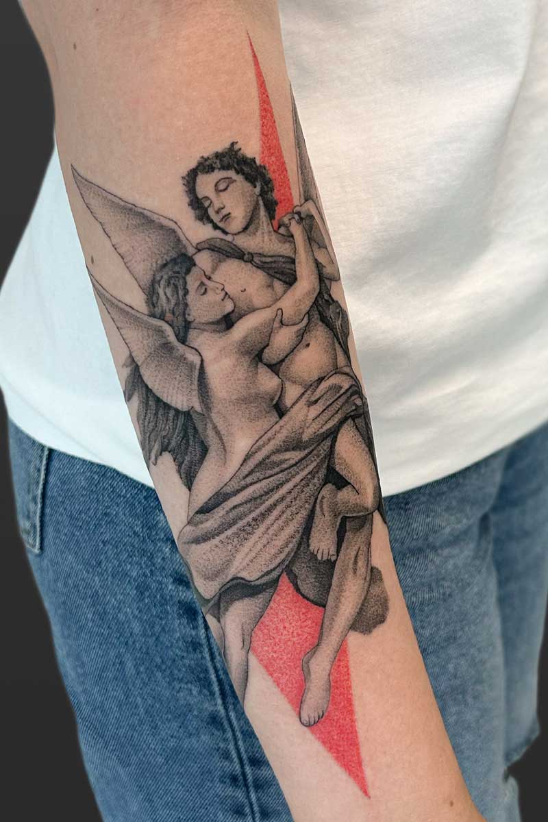 Legacy Tattoo| Realism tattoo of two angels embracing
