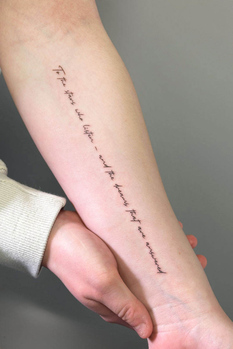Legacy Tattoo| Fineline tattoo of script on the client's forearm