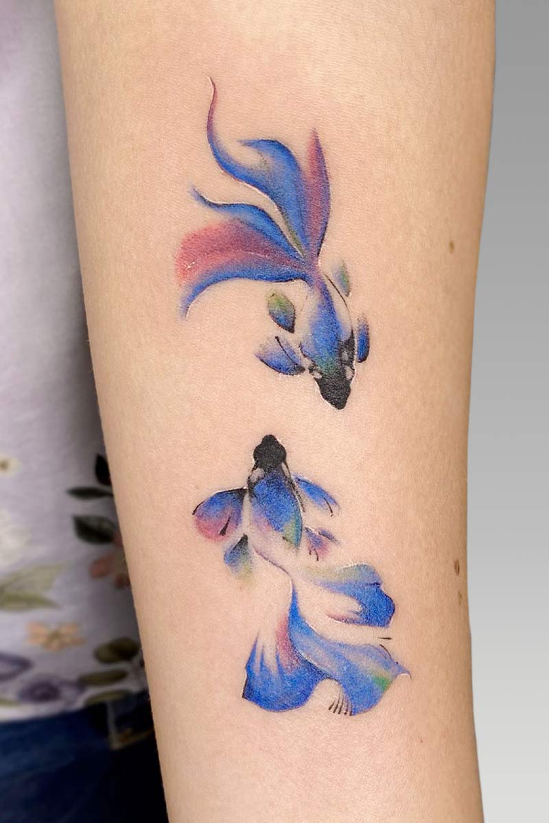 Legacy Tattoo| Watercolour tattoo of two blue and pink beta fish