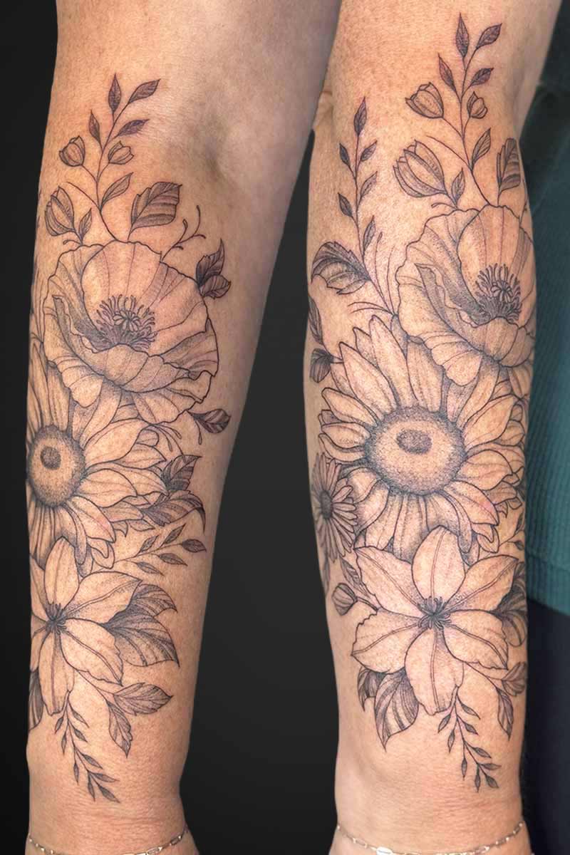 Legacy Tattoo| Fineline, floral tattoo of different flowers