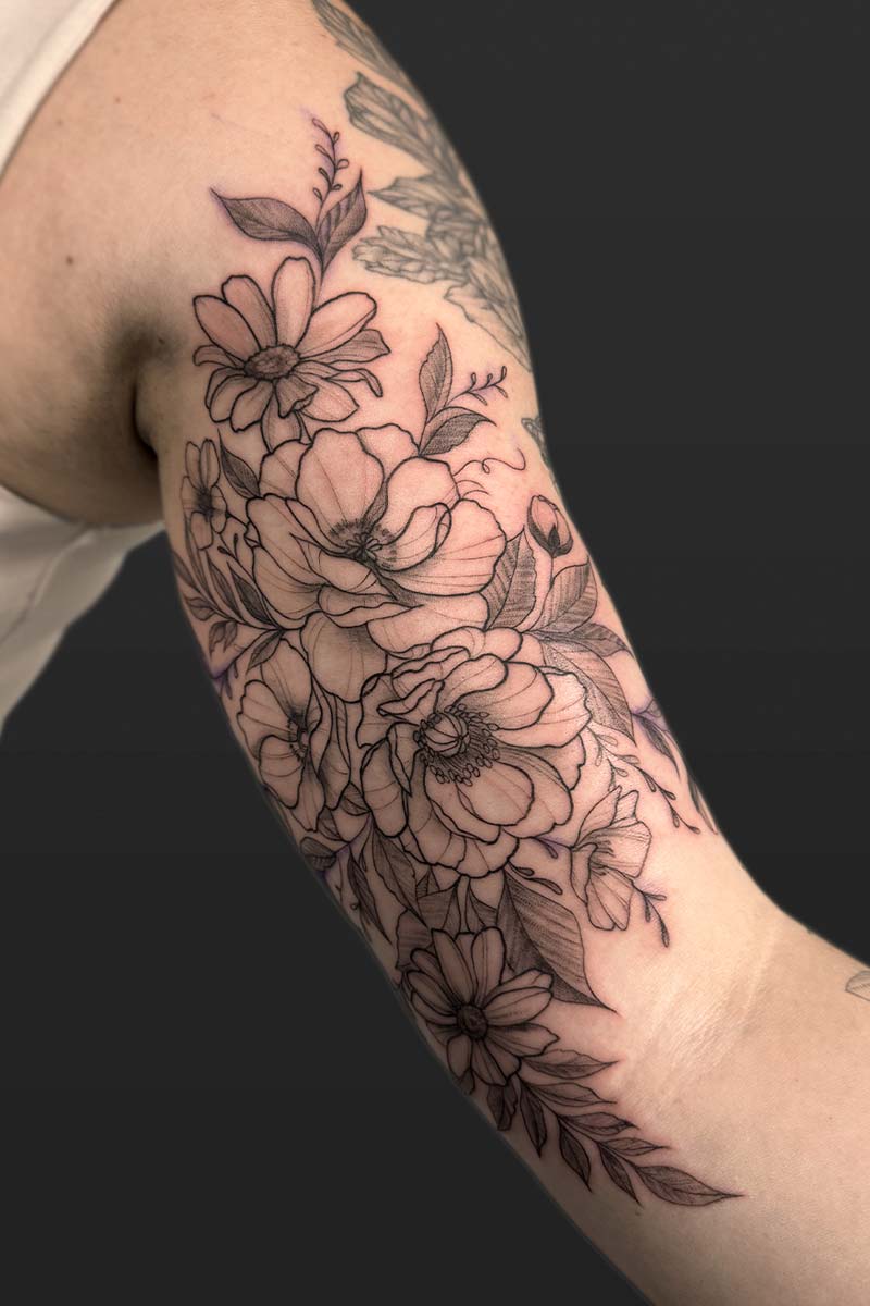 Legacy Tattoo| Fineline, floral tattoo of flowers