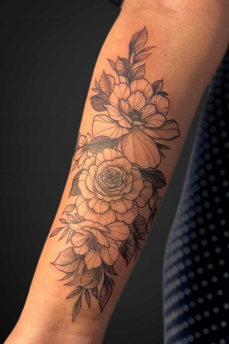Legacy Tattoo| Fineline, floral tattoo of peonies and a rose