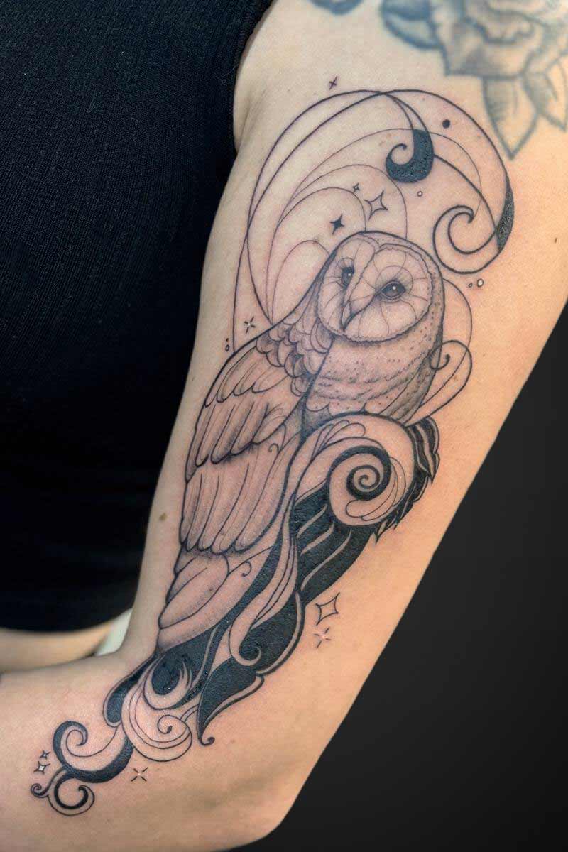 Legacy Tattoo| Neotraditional tattoo of an owl with ornamental elements