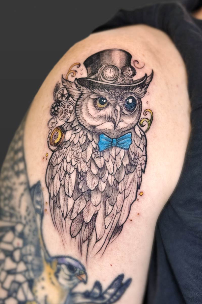 Legacy Tattoo| Neotraditional tattoo of a steampunk owl