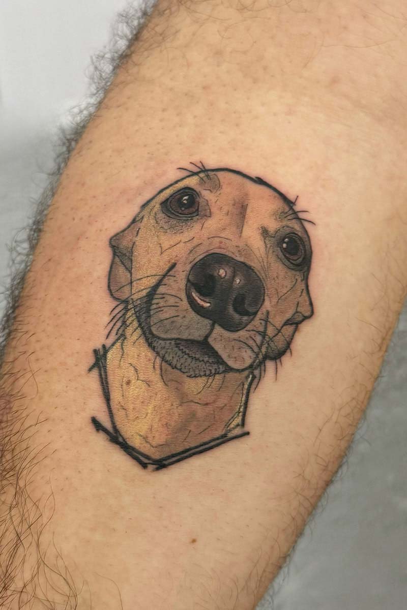 Legacy Tattoo| Cartoon pet tattoo of a closeup of a dog's face