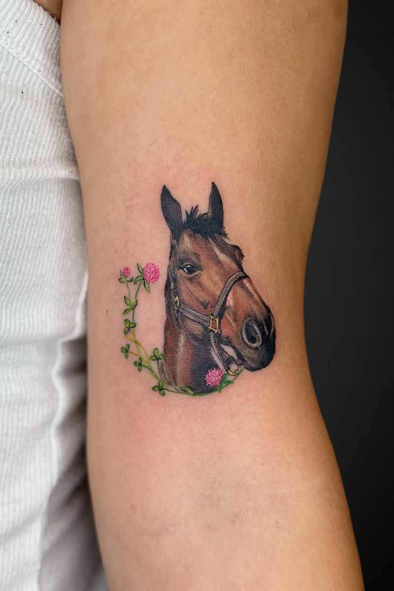 Legacy Tattoo| Realism tattoo of a pet horse with clover