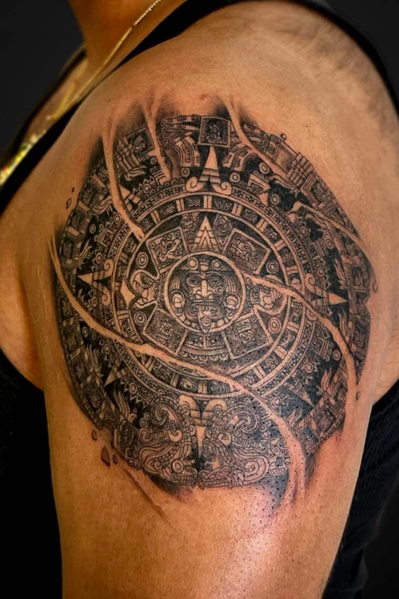 Legacy Tattoo| Black and grey tattoo of Mayan culture and symbolism