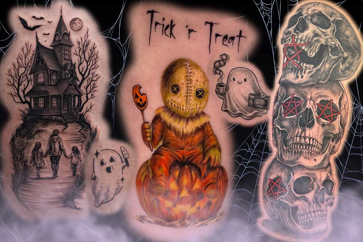 Halloween tattoos by Legacy Tattoo in Calgary, including a haunted house, ghosts, a jack-o'-lantern piece, and stacked skulls