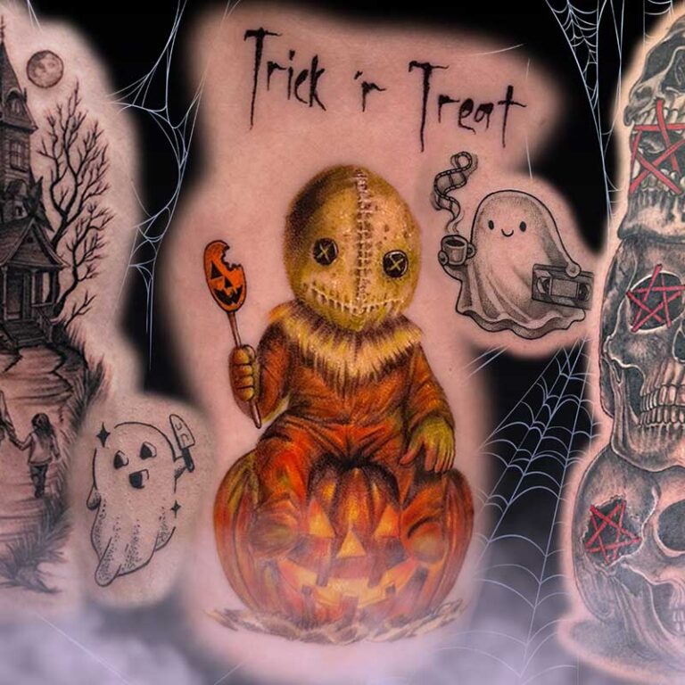 Halloween tattoos by Legacy Tattoo in Calgary, including a haunted house, ghosts, a jack-o'-lantern piece, and stacked skulls